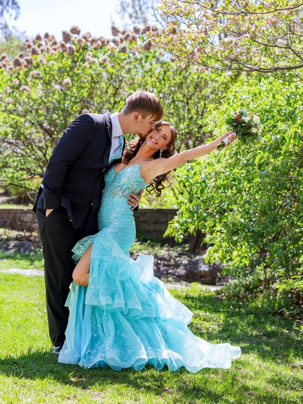 Aqua Sequined Ruffled Mermaid Prom Gown - Picture 2 of 8